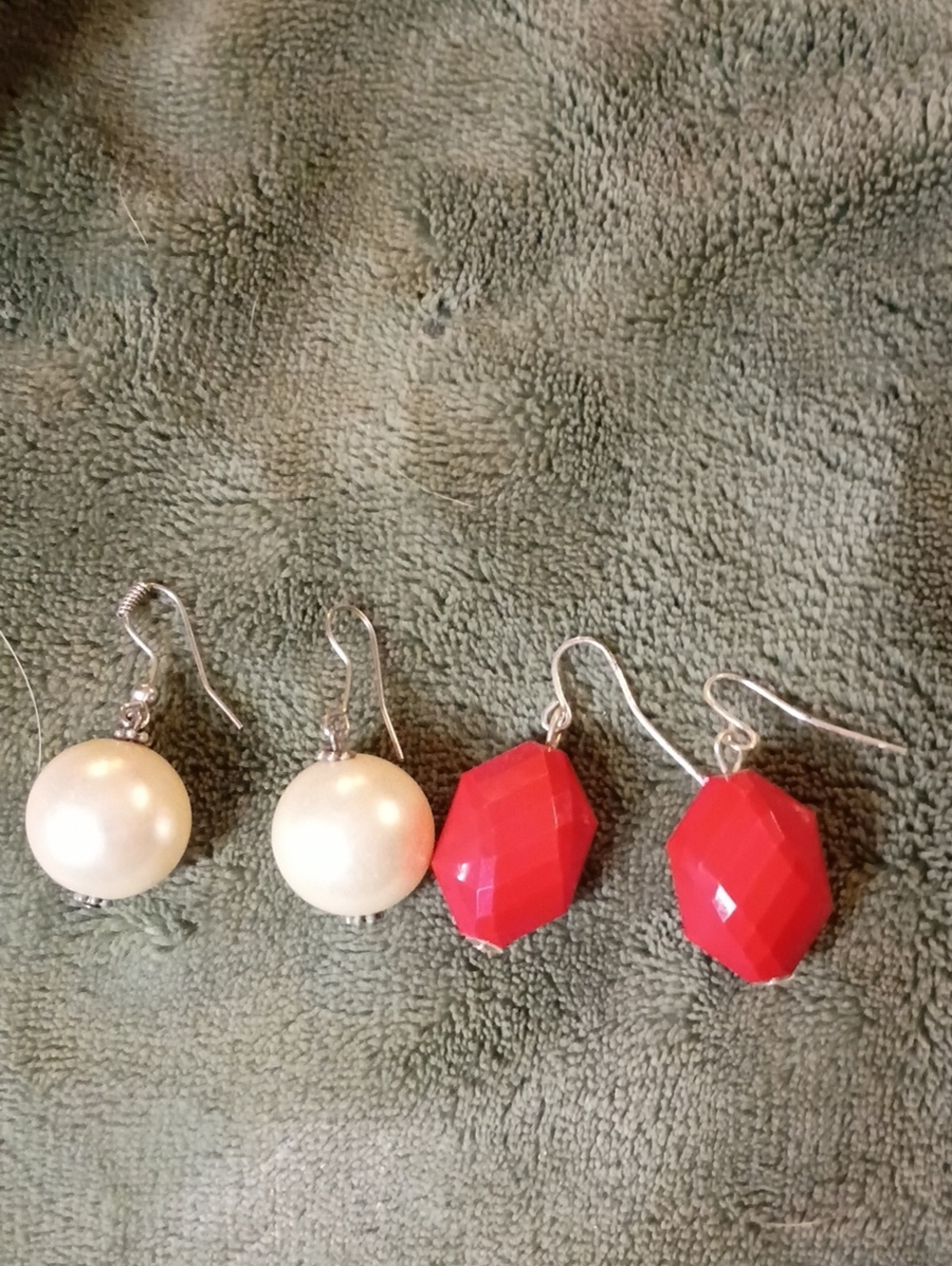Vintage Pearl and Red Faceted Drop Earrings